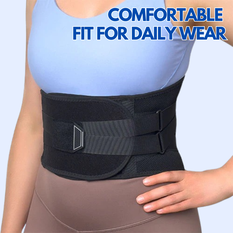 Lumbar back brace for pain relief worn by person with adjustable straps for comfortable daily wear