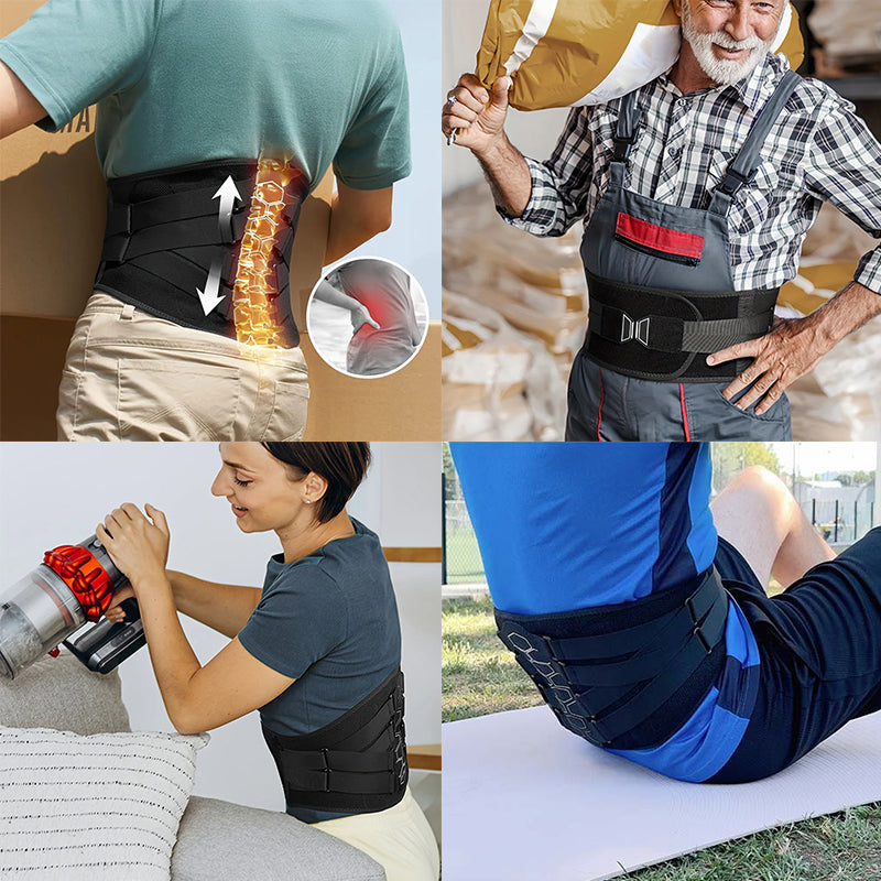 Zorelie.co lumbar back brace for pain relief worn by different people during daily activities and exercises