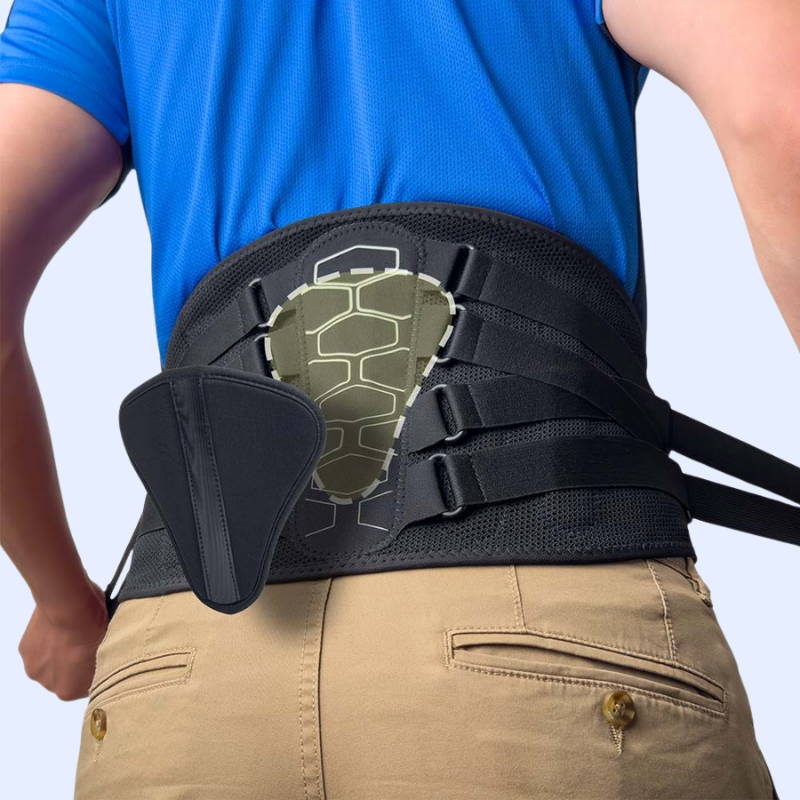 Zorelie.co lumbar back brace for pain relief worn on lower back with adjustable straps in black