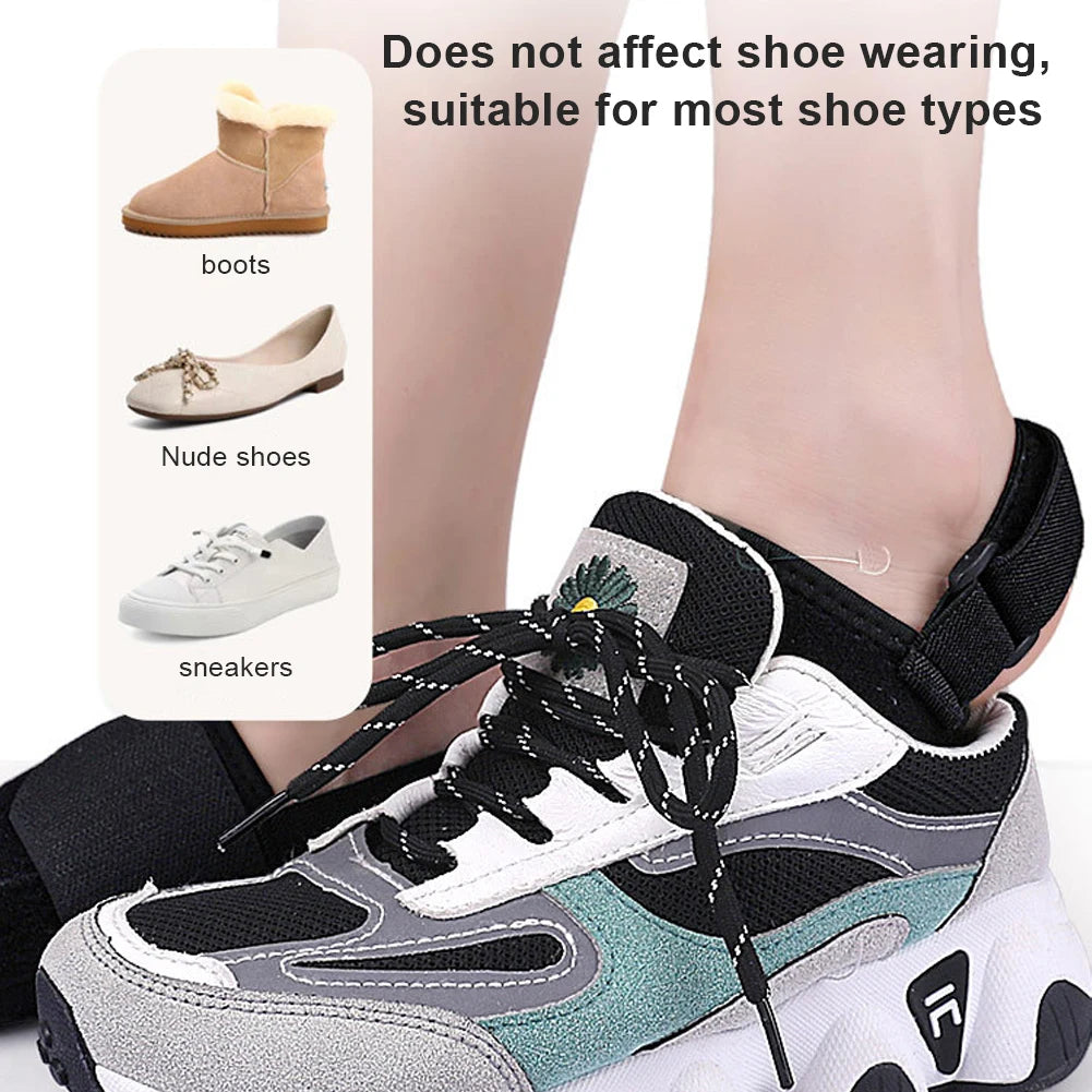 Toe corrector for bunion relief worn inside sneaker showing compatibility with boots and nude shoes