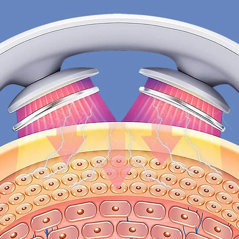 Close-up illustration of USB rechargeable neck massager applying heat and electric pulses to muscle tissue