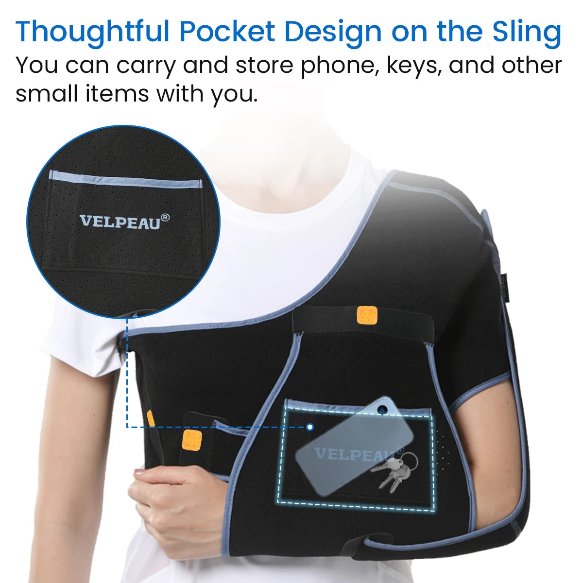 Arm sling for elbow injury with thoughtful pocket design to store phone keys and small items