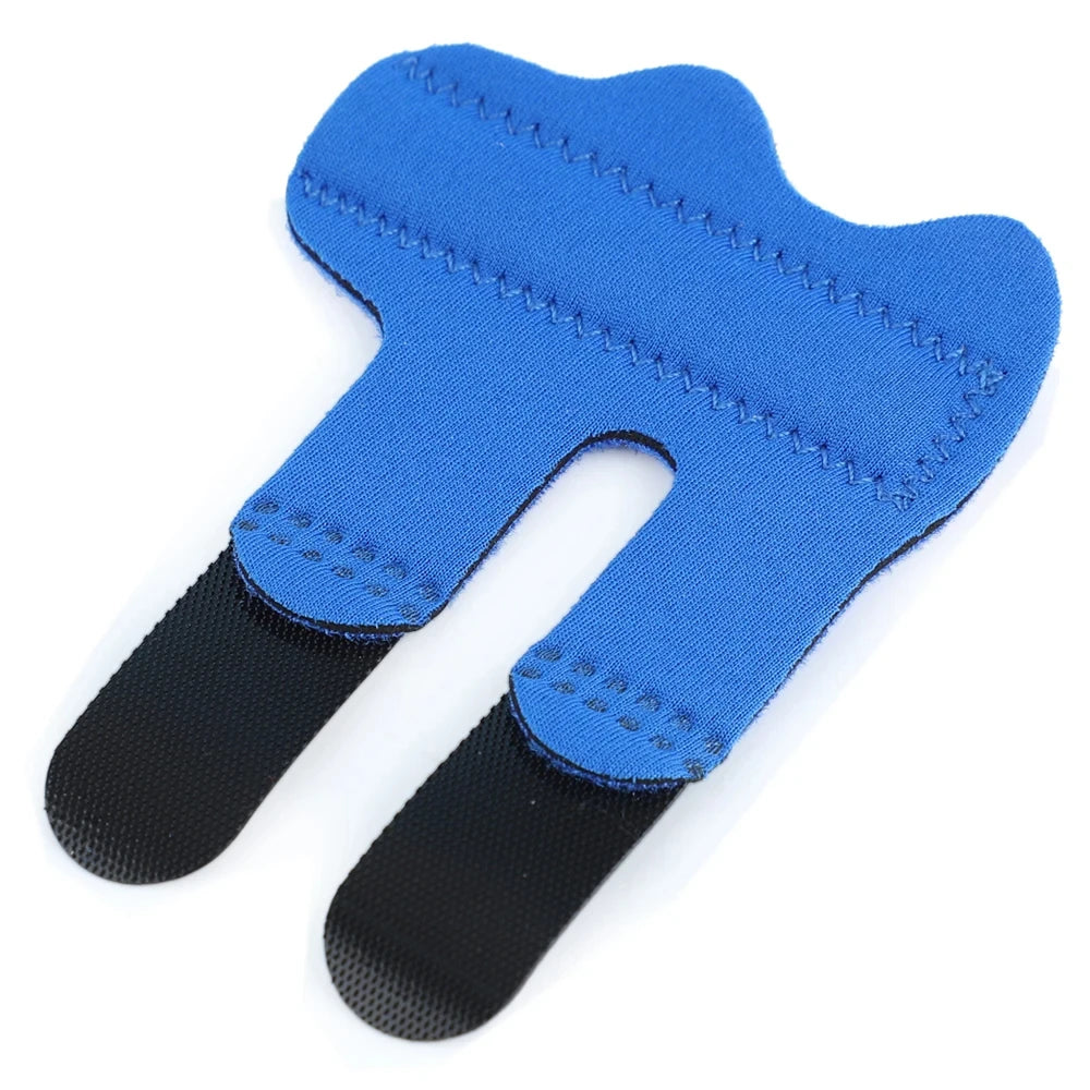 Blue and black aluminum finger splint with soft padding and adjustable straps for finger support
