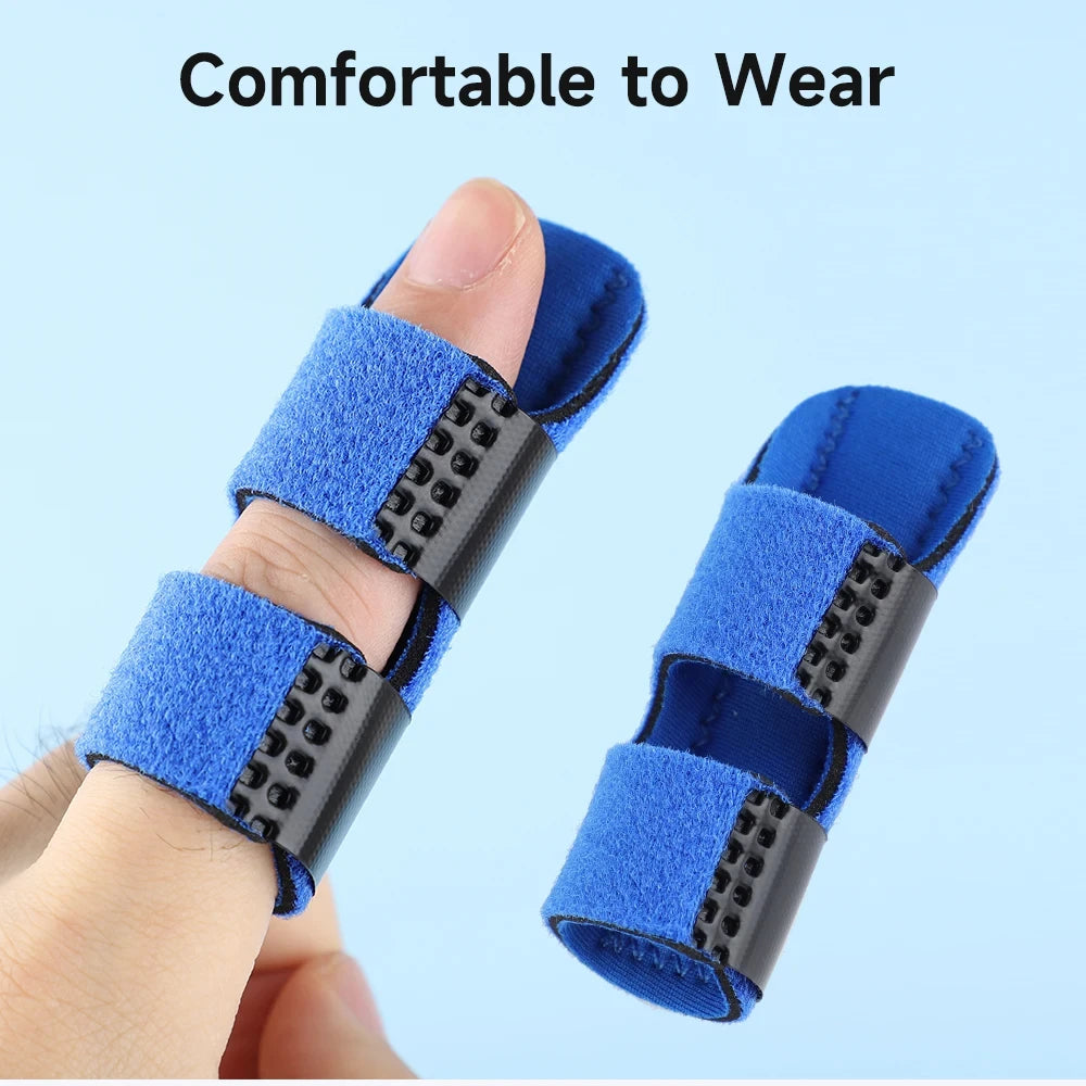 Blue aluminum finger splint with adjustable straps shown on finger for comfortable support