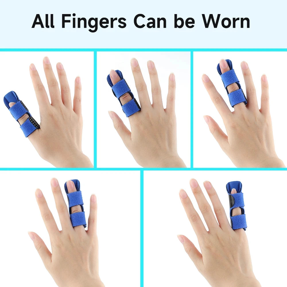 Aluminum finger splint worn on different fingers showing adjustable blue straps for finger support