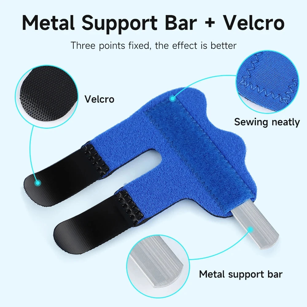 Blue aluminum finger splint with metal support bar and velcro straps for finger stabilization