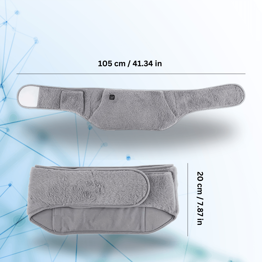 Zorelie gray menstrual heating pad for cramps with adjustable strap and soft fabric, sized 105 cm by 20 cm