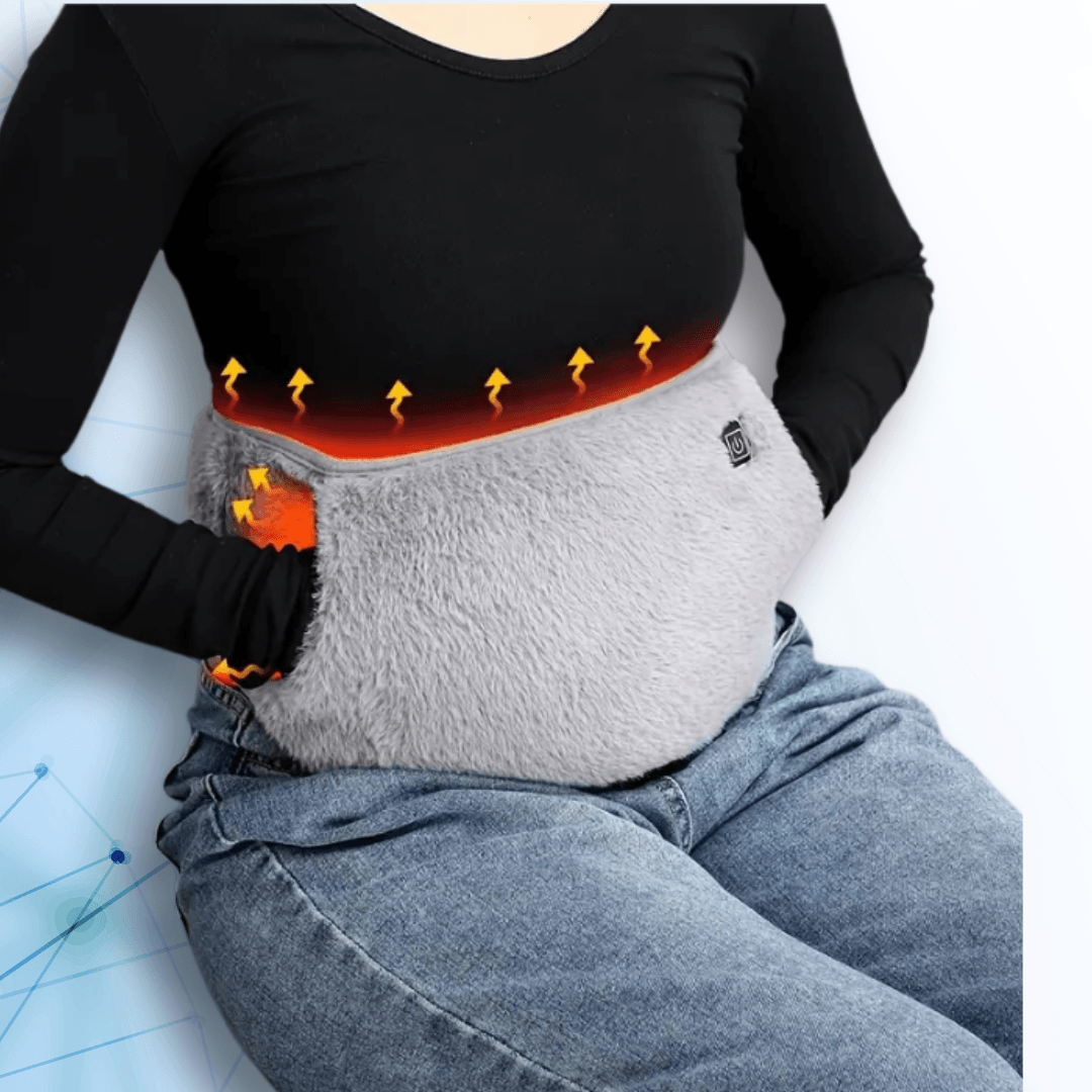 Zorelie menstrual heating pad for cramps worn around waist with heat arrows showing warmth relief
