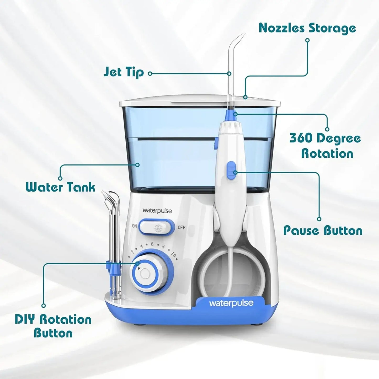 Waterpulse electric water flosser for teeth cleaning with water tank and 360 degree rotation