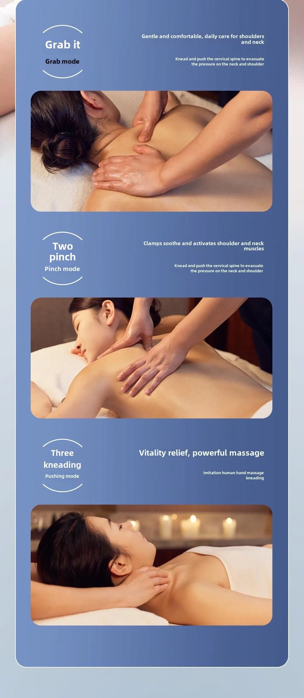 Wireless trapezius massage pillow demonstrating grab, pinch, and kneading massage modes on shoulders and neck
