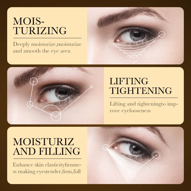 24k gold eye cream benefits showing moisturizing lifting tightening and skin filling effects around eyes