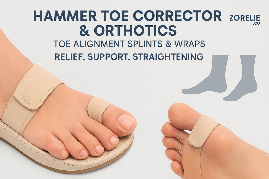 Hammer toe corrector for foot pain relief showing toe alignment splints and wraps on foot
