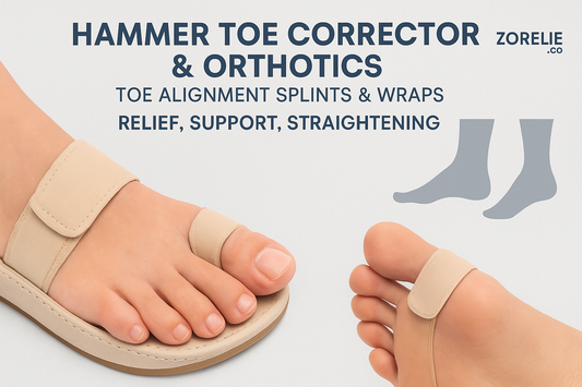 Hammer toe corrector for foot pain relief showing toe alignment splints and wraps on foot
