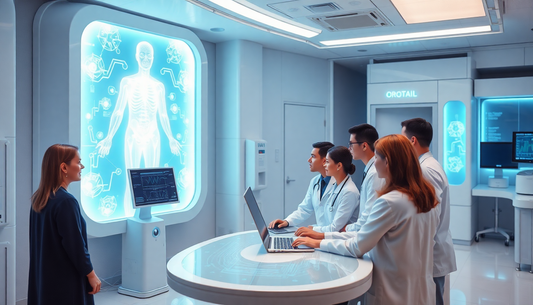 Medical team analyzing AI pain relief solutions with futuristic digital human anatomy display in lab
