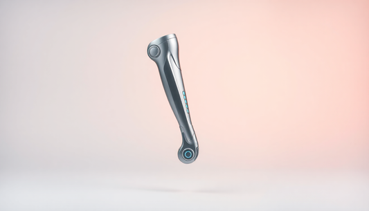 Sleek silver AI powered pain relief device with modern design floating against gradient background