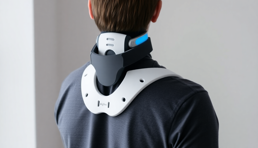 Person wearing AlignFlex posture corrector brace standing upright