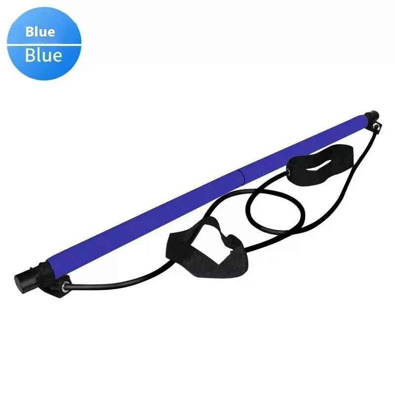 Blue resistance bar with attached black resistance bands and handles for strength training
