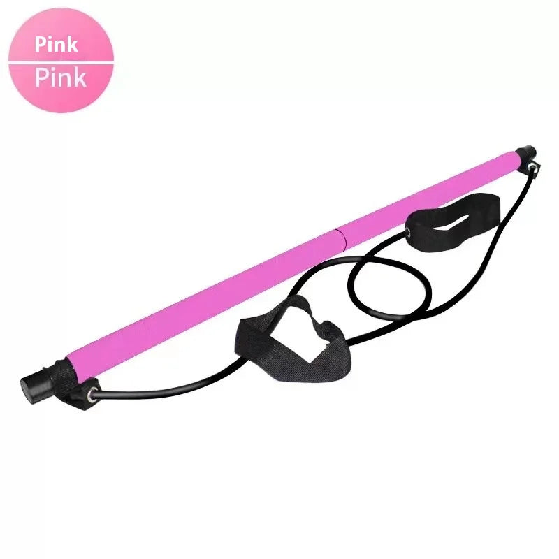 Zorelie.co pink resistance bar with attached black elastic resistance bands and foot straps for exercise