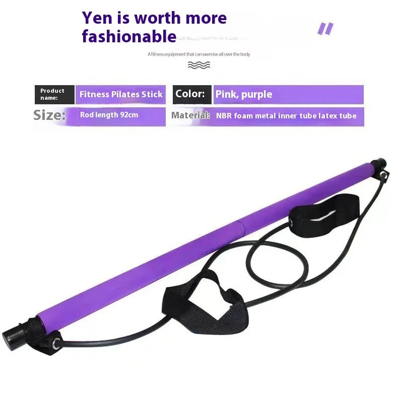 Purple fitness Pilates stick with resistance bands for full body exercise and strength training