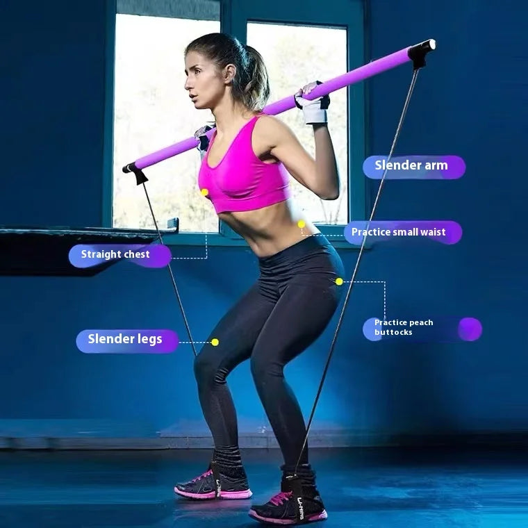 Woman performing resistance band squat exercise with purple bar for slender arms, legs, and waist