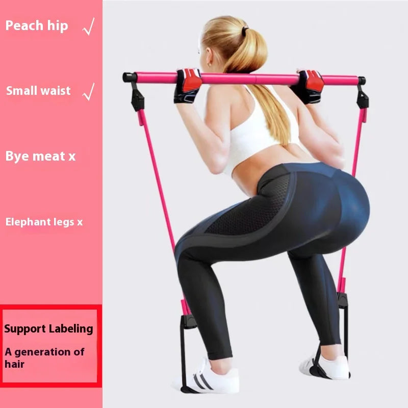 Woman using pink resistance bar for home workout targeting peach hip and small waist