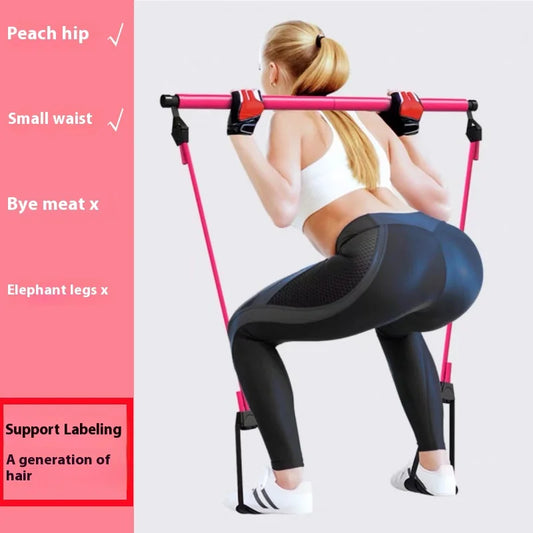 Woman using pink resistance bar for home workout targeting peach hip and small waist