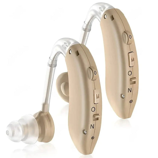 Zorelie.co 2025 rechargeable digital hearing aid in beige with volume and mode controls