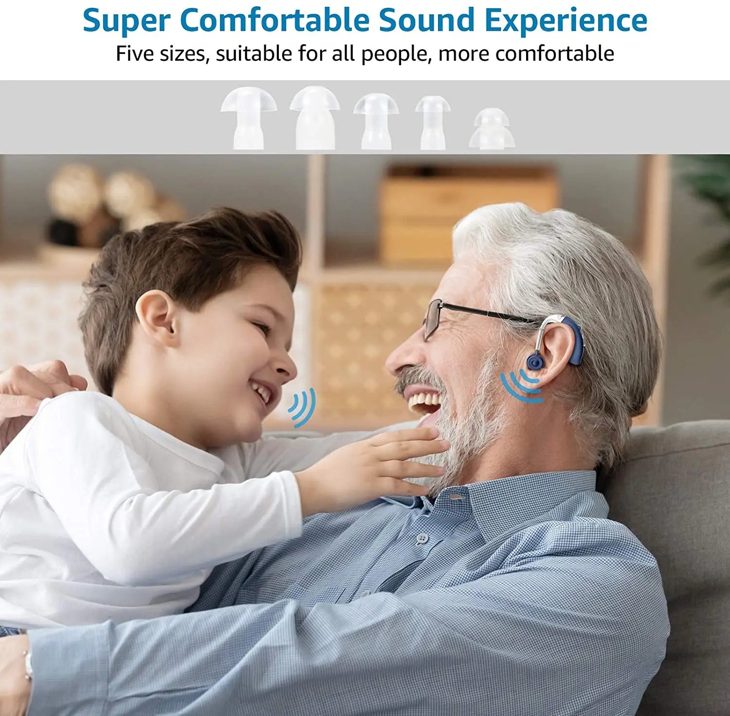 Grandfather wearing 2025 rechargeable digital hearing aid smiling and playing with grandson