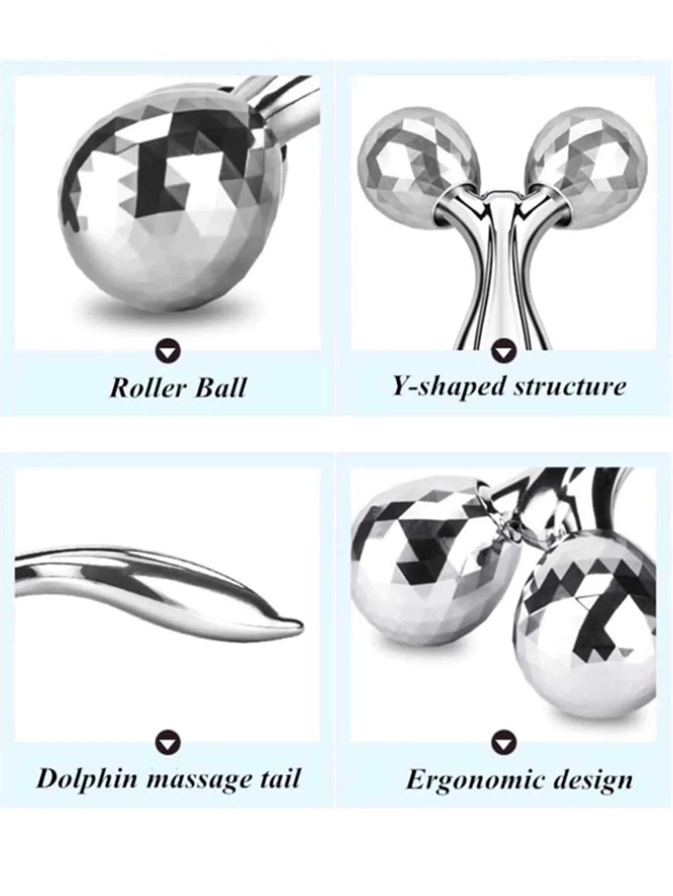 3D face roller massager with roller ball, Y-shaped structure, dolphin massage tail, and ergonomic design
