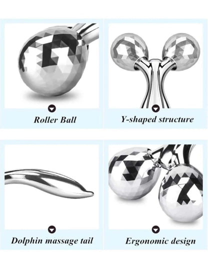 3D face roller massager with roller ball, Y-shaped structure, dolphin massage tail, and ergonomic design