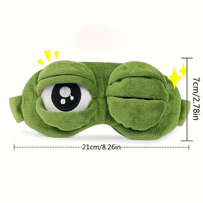 Zorelie.co 3D sad frog sleep mask in green with one eye open and soft plush material