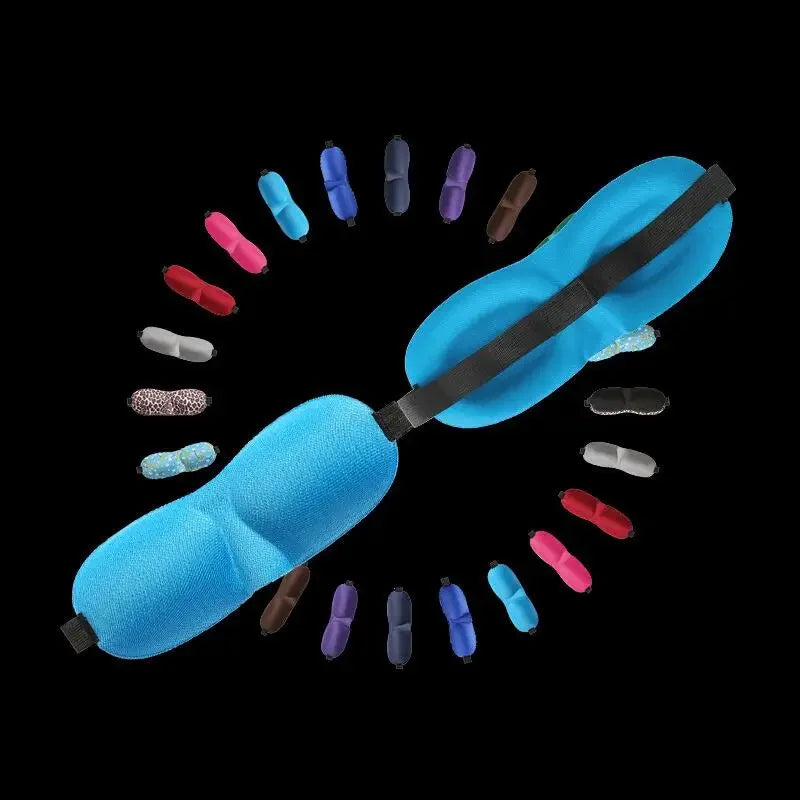 Blue 3D sleep mask for total blackout with adjustable black strap surrounded by multiple color options