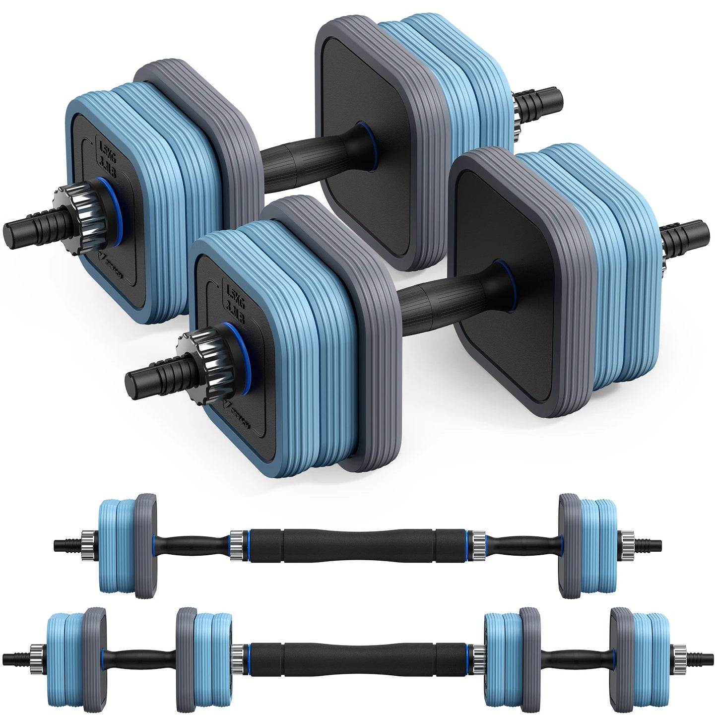 TriForm™ 3-in-1 Adjustable Dumbbell & Barbell Combo Set – 44 lbs Free Weight Set with Connector / Push-Up Stand