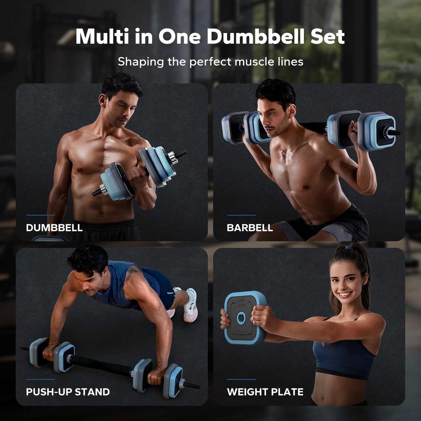 TriForm™ 3-in-1 Adjustable Dumbbell & Barbell Combo Set – 44 lbs Free Weight Set with Connector / Push-Up Stand