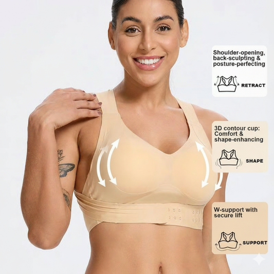 Beige posture corrector bra for women with 3D contour cups, shoulder opening, and W-support for secure lift