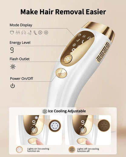 IPL Hair Removal Device with Ice-Cooling – 9 Energy Levels, Unlimited Flashes, Painless Laser Depilator