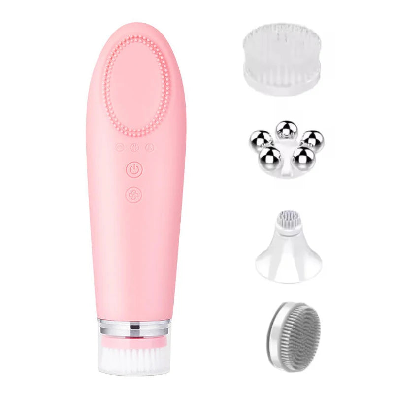 4 in 1 Electric Silicone Facial Cleansing Brush – Blackhead Remover, Exfoliating Skin Tightening Massager & Face Cleaner
