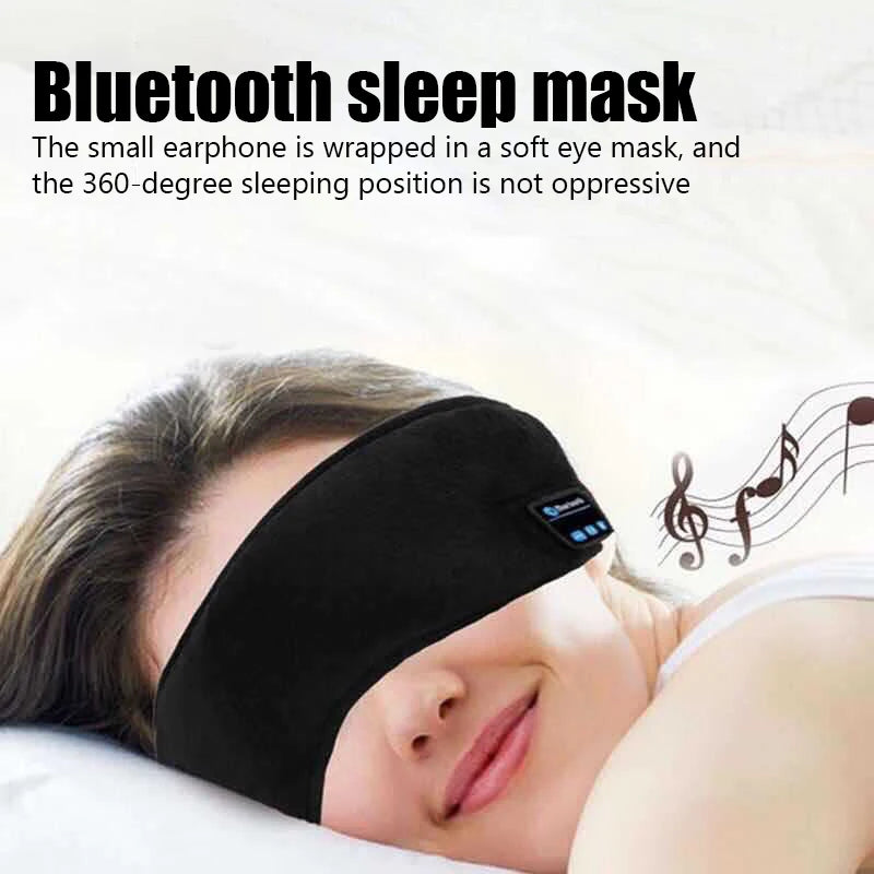 Bluetooth sleep headphones with eye mask in black worn by woman lying down with music notes