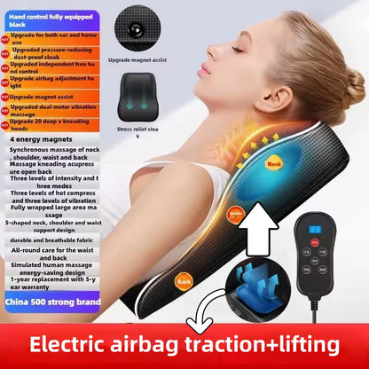 Electric shiatsu neck and back massager with hand control and electric airbag traction lifting feature