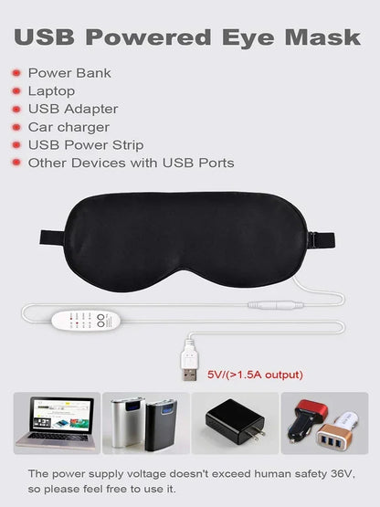 USB Heated Reusable Silk Eye Mask – Steaming Eye Massager for Sleep, Puffiness, and Dark Circle Relief