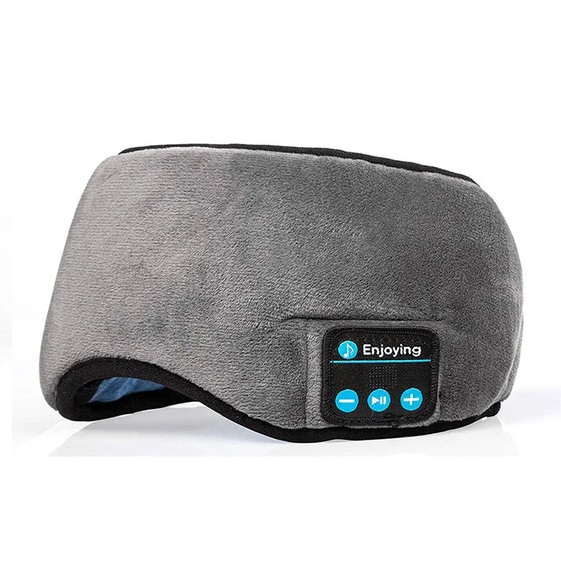 Gray bluetooth sleep headphones with eye mask featuring built-in control buttons for music playback