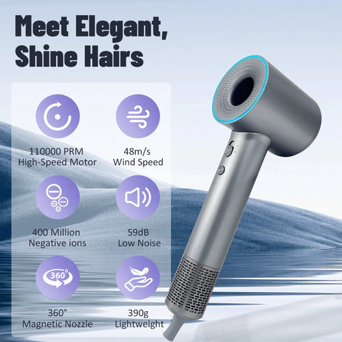 AeroGlow™ High-Speed Hair Dryer 110,000RPM – 400 Million Negative Ions Professional Blow Dryer with Nozzle