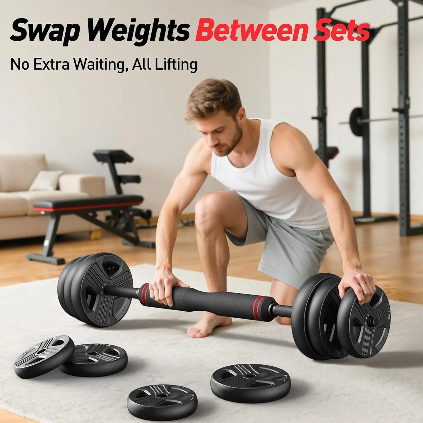 PowerFlex™ 70 lb Adjustable Dumbbell & Barbell Set – 5-in-1 Convertible Free Weights for Home Gym Strength Training