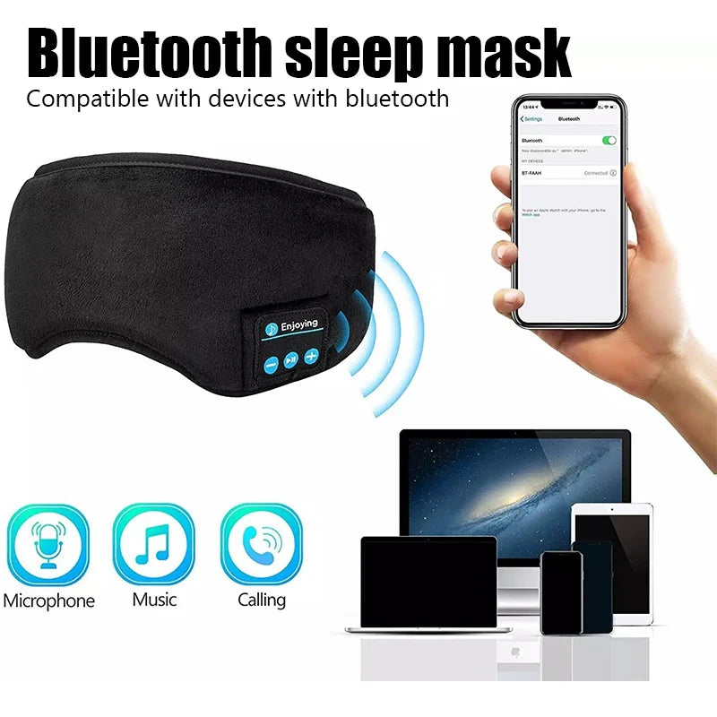 Bluetooth sleep headphones with eye mask in black showing connectivity to mobile and devices