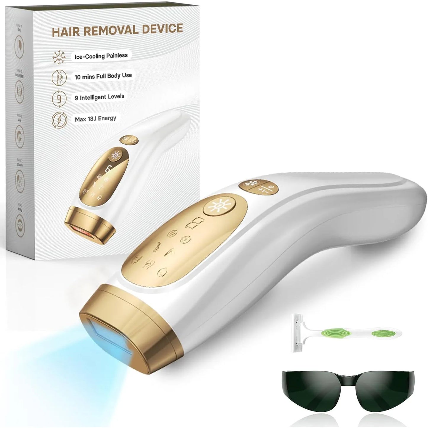 IPL Hair Removal Device with Ice-Cooling – 9 Energy Levels, Unlimited Flashes, Painless Laser Depilator