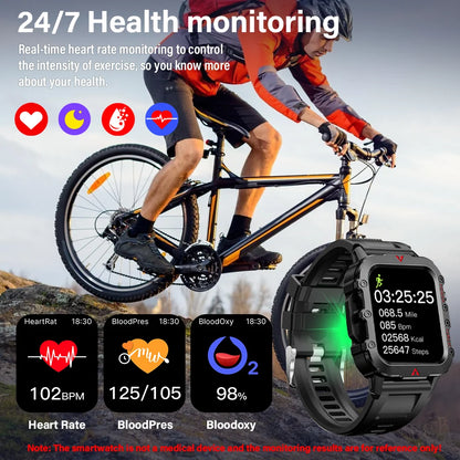 Outdoor Military Smartwatch – Bluetooth Talking Rugged Sports Fitness Watch with 1.73" LED Display
