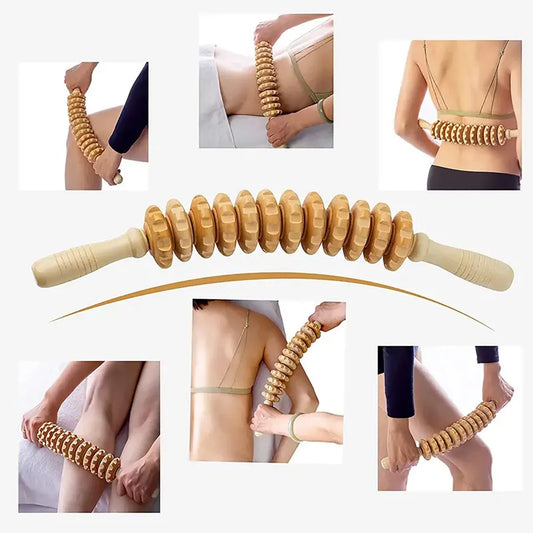 Wooden Fascia Massage Roller – Anti-Slip Handle Body Massager for Arms, Legs, Thighs & Back Relaxation