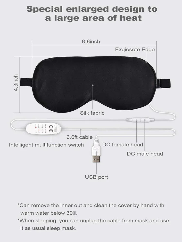 USB Heated Reusable Silk Eye Mask – Steaming Eye Massager for Sleep, Puffiness, and Dark Circle Relief