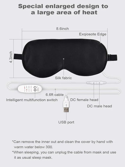 USB Heated Reusable Silk Eye Mask – Steaming Eye Massager for Sleep, Puffiness, and Dark Circle Relief