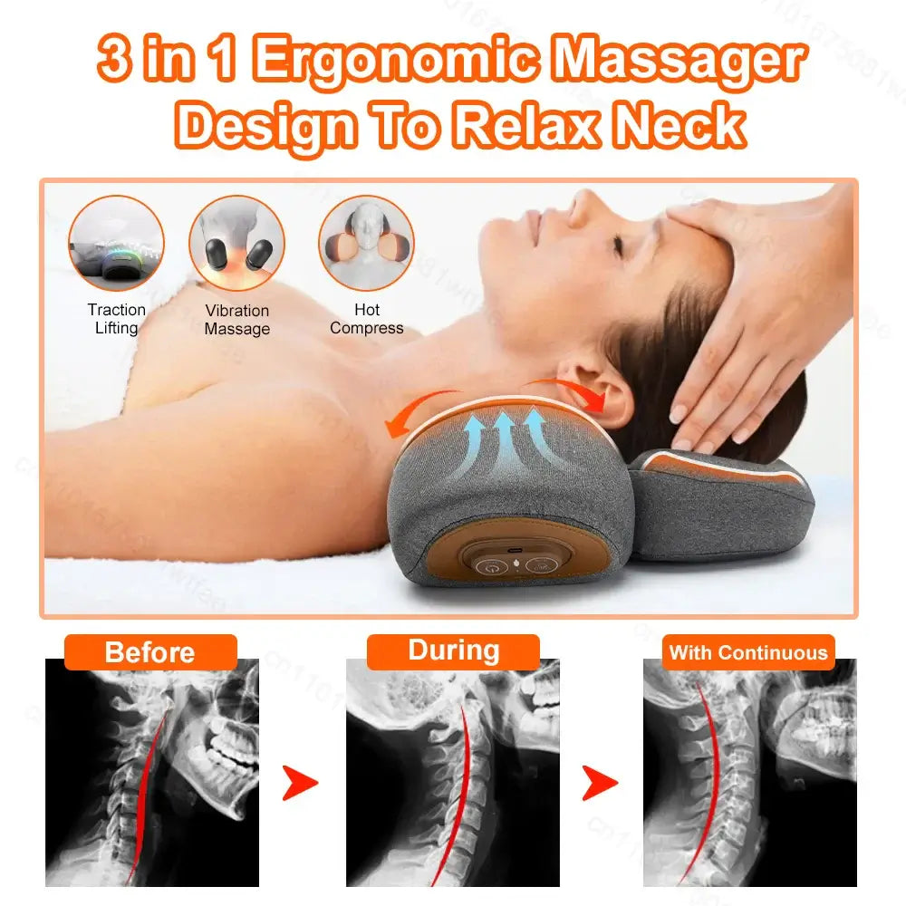CerviRelax Pro™ 3-in-1 Electric Neck Massager Pillow – Cervical Traction, Vibration & Heat Therapy for Pain Relief